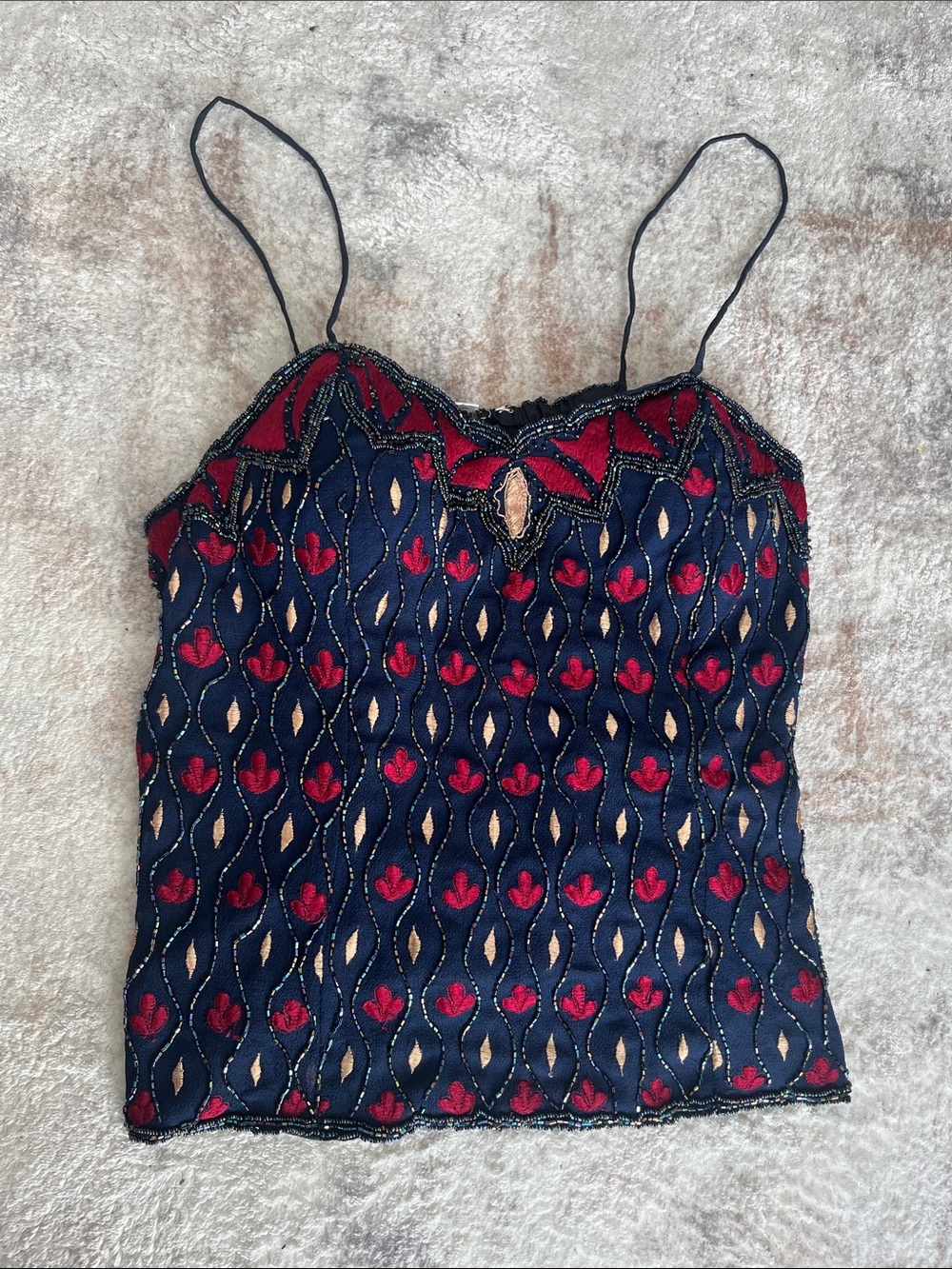 Embroidered Navy & Red Spaghetti Strap Camisole